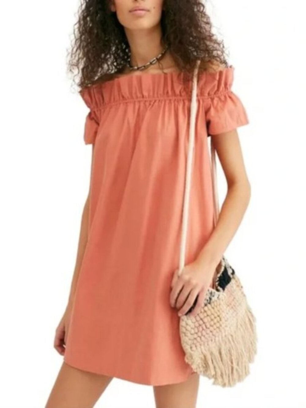 Free People Sophie Off Shoulder Cotton Mini Dress S | Sunset Coral Bo